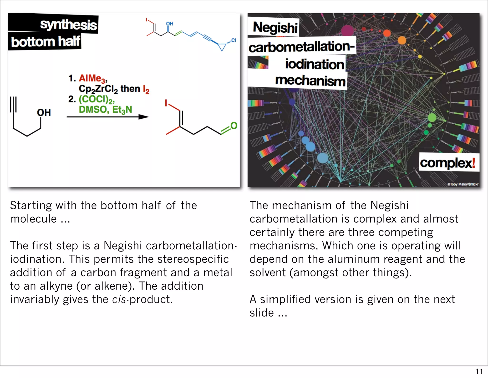 Starting with the bottom half of the
molecule …
The first step is a Negishi carbometallation-
iodination. This permits the stereospecific
addition of a carbon fragment and a metal
to an alkyne (or alkene). The addition
invariably gives the cis-product.
The mechanism of the Negishi
carbometallation is complex and almost
certainly there are three competing
mechanisms. Which one is operating will
depend on the aluminum reagent and the
solvent (amongst other things).
A simplified version is given on the next
slide …
11
 