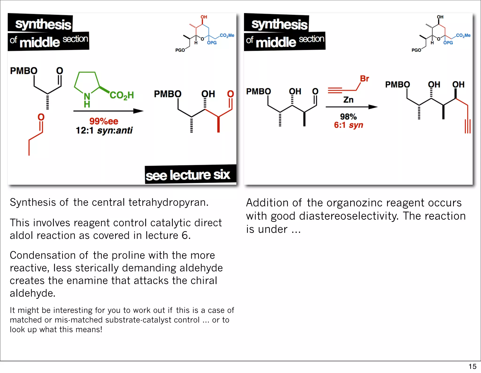 Synthesis of the central tetrahydropyran.
This involves reagent control catalytic direct
aldol reaction as covered in lecture 6.
Condensation of the proline with the more
reactive, less sterically demanding aldehyde
creates the enamine that attacks the chiral
aldehyde.
It might be interesting for you to work out if this is a case of
matched or mis-matched substrate-catalyst control … or to
look up what this means!
Addition of the organozinc reagent occurs
with good diastereoselectivity. The reaction
is under …
15
 