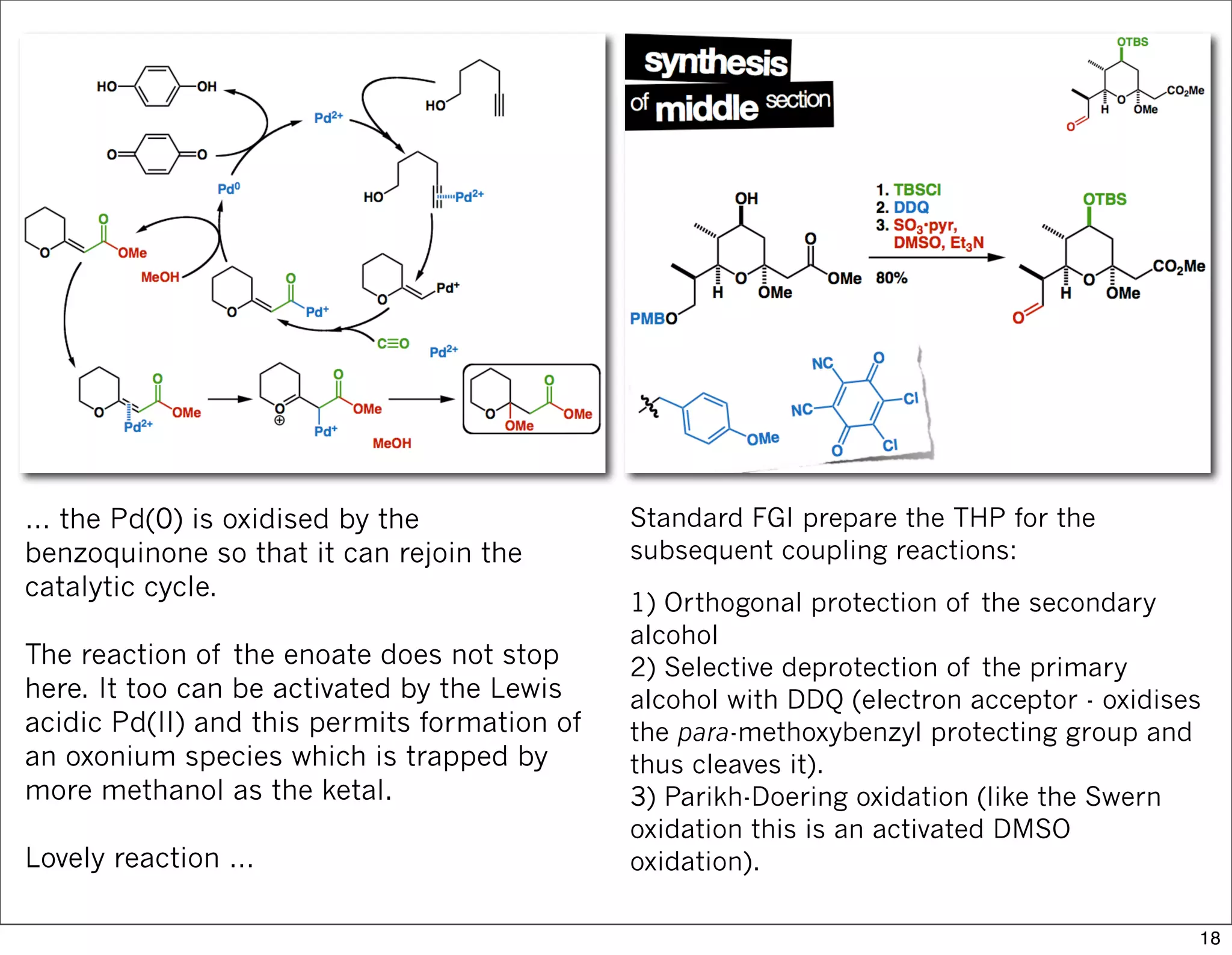 … the Pd(0) is oxidised by the
benzoquinone so that it can rejoin the
catalytic cycle.
The reaction of the enoate does not stop
here. It too can be activated by the Lewis
acidic Pd(II) and this permits formation of
an oxonium species which is trapped by
more methanol as the ketal.
Lovely reaction …
Standard FGI prepare the THP for the
subsequent coupling reactions:
1) Orthogonal protection of the secondary
alcohol
2) Selective deprotection of the primary
alcohol with DDQ (electron acceptor - oxidises
the para-methoxybenzyl protecting group and
thus cleaves it).
3) Parikh-Doering oxidation (like the Swern
oxidation this is an activated DMSO
oxidation).
18
 