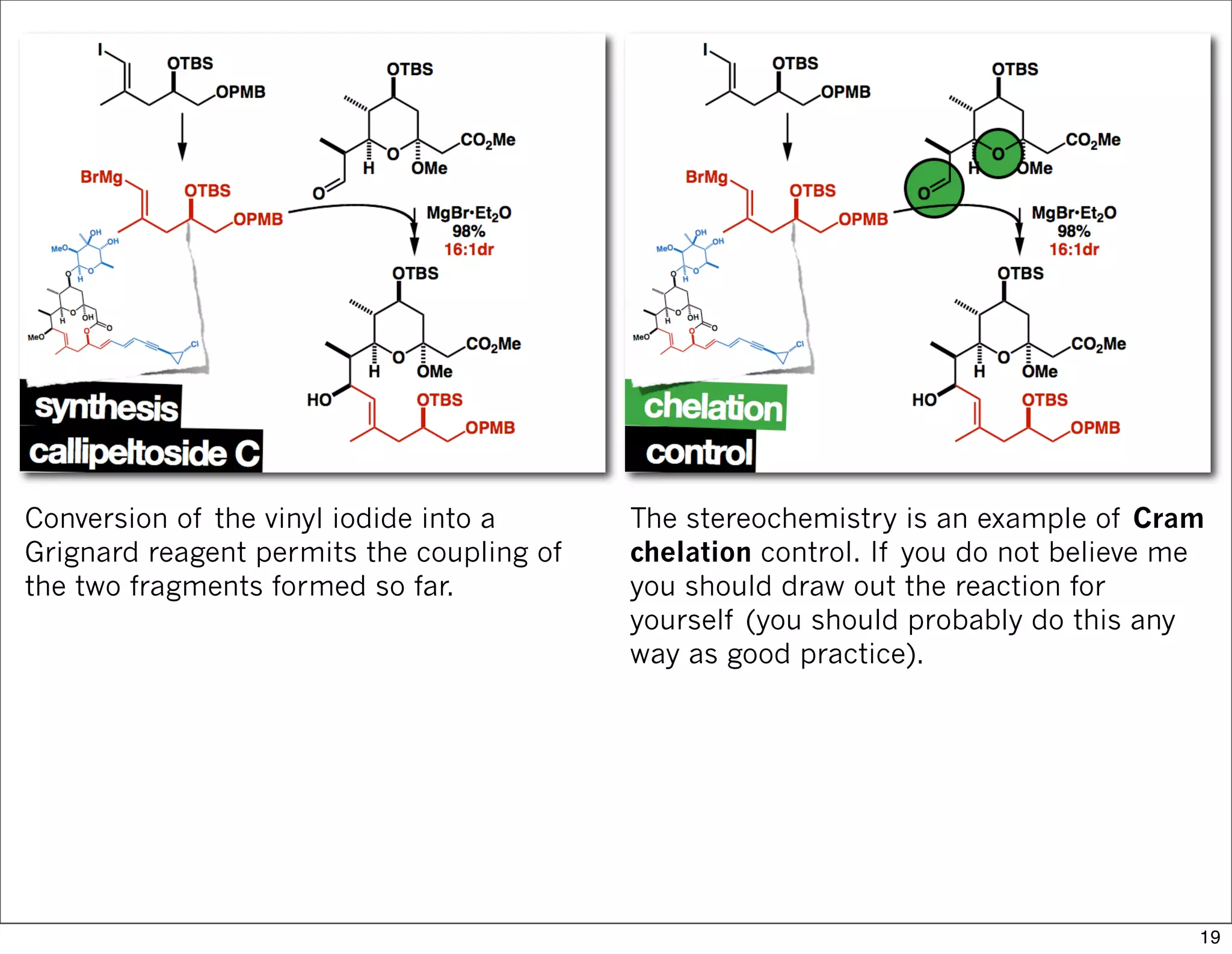 Conversion of the vinyl iodide into a
Grignard reagent permits the coupling of
the two fragments formed so far.
The stereochemistry is an example of Cram
chelation control. If you do not believe me
you should draw out the reaction for
yourself (you should probably do this any
way as good practice).
19
 
