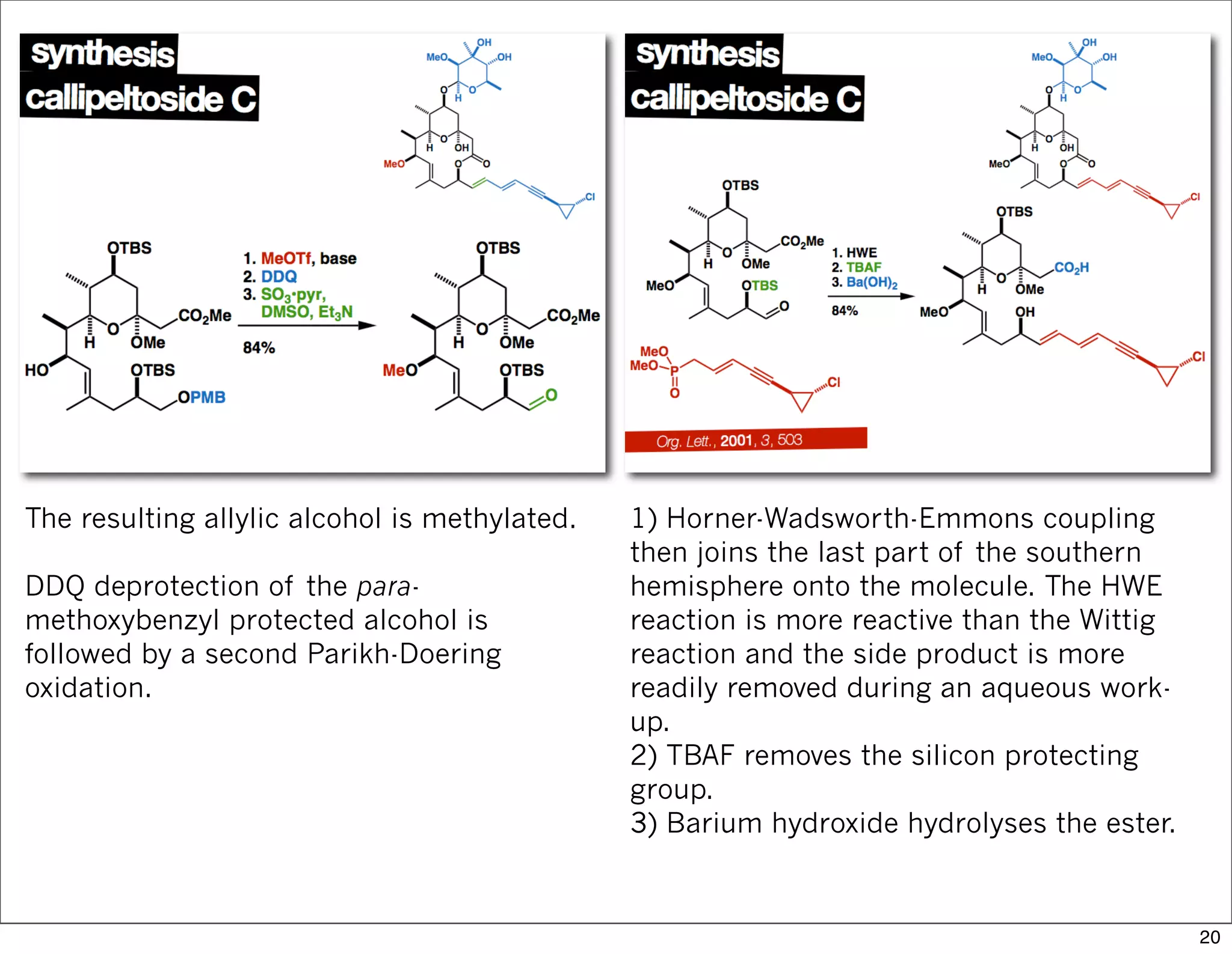 The resulting allylic alcohol is methylated.
DDQ deprotection of the para-
methoxybenzyl protected alcohol is
followed by a second Parikh-Doering
oxidation.
1) Horner-Wadsworth-Emmons coupling
then joins the last part of the southern
hemisphere onto the molecule. The HWE
reaction is more reactive than the Wittig
reaction and the side product is more
readily removed during an aqueous work-
up.
2) TBAF removes the silicon protecting
group.
3) Barium hydroxide hydrolyses the ester.
20
 