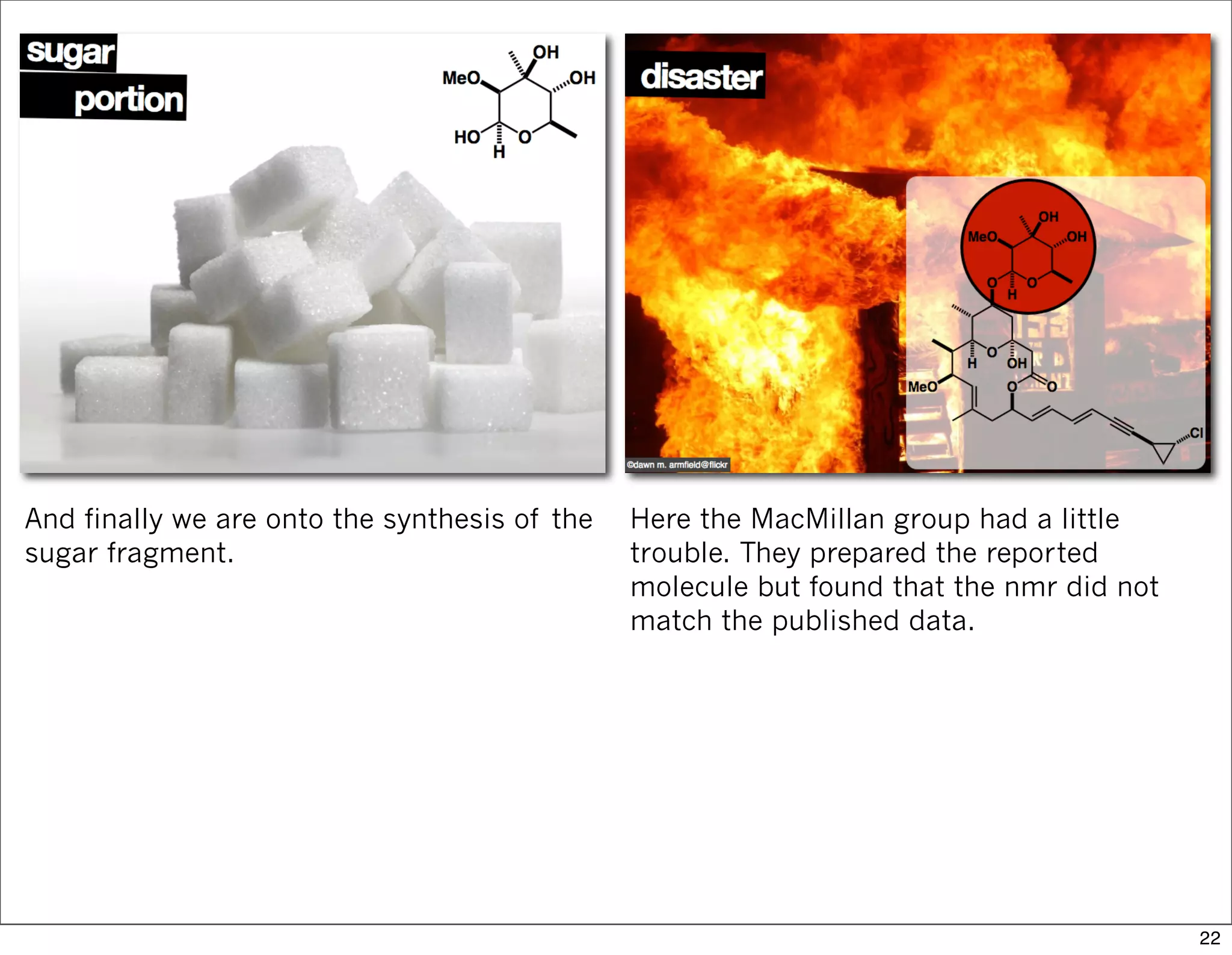And finally we are onto the synthesis of the
sugar fragment.
Here the MacMillan group had a little
trouble. They prepared the reported
molecule but found that the nmr did not
match the published data.
22
 