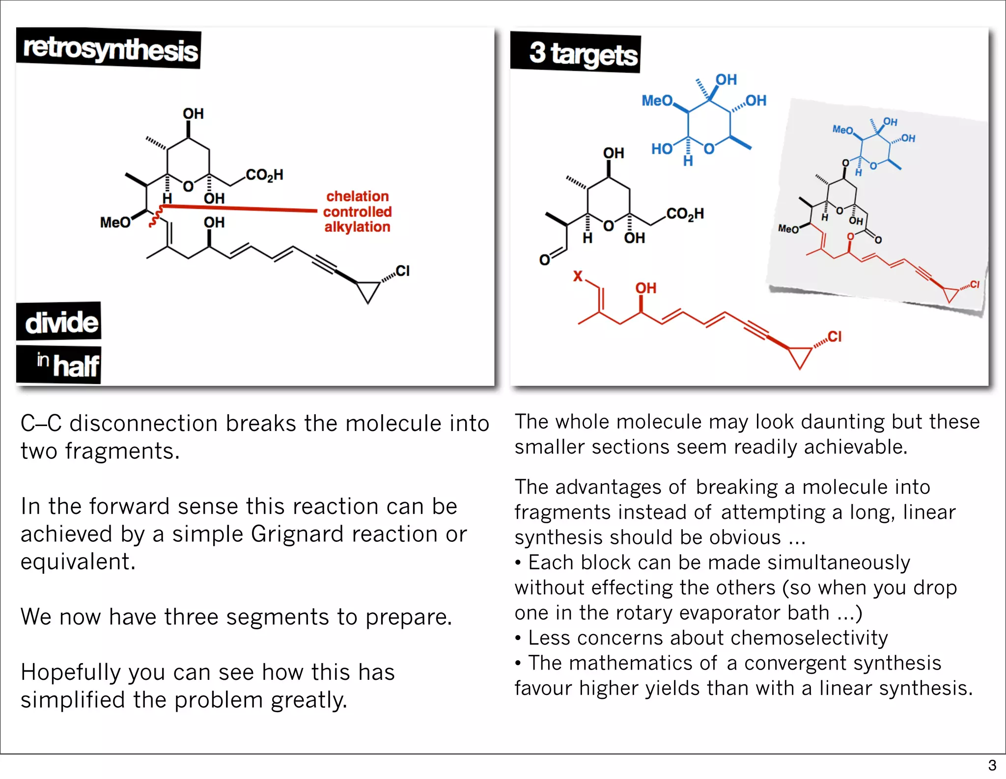 C–C disconnection breaks the molecule into
two fragments.
In the forward sense this reaction can be
achieved by a simple Grignard reaction or
equivalent.
We now have three segments to prepare.
Hopefully you can see how this has
simplified the problem greatly.
The whole molecule may look daunting but these
smaller sections seem readily achievable.
The advantages of breaking a molecule into
fragments instead of attempting a long, linear
synthesis should be obvious …
• Each block can be made simultaneously
without effecting the others (so when you drop
one in the rotary evaporator bath …)
• Less concerns about chemoselectivity
• The mathematics of a convergent synthesis
favour higher yields than with a linear synthesis.
3
 