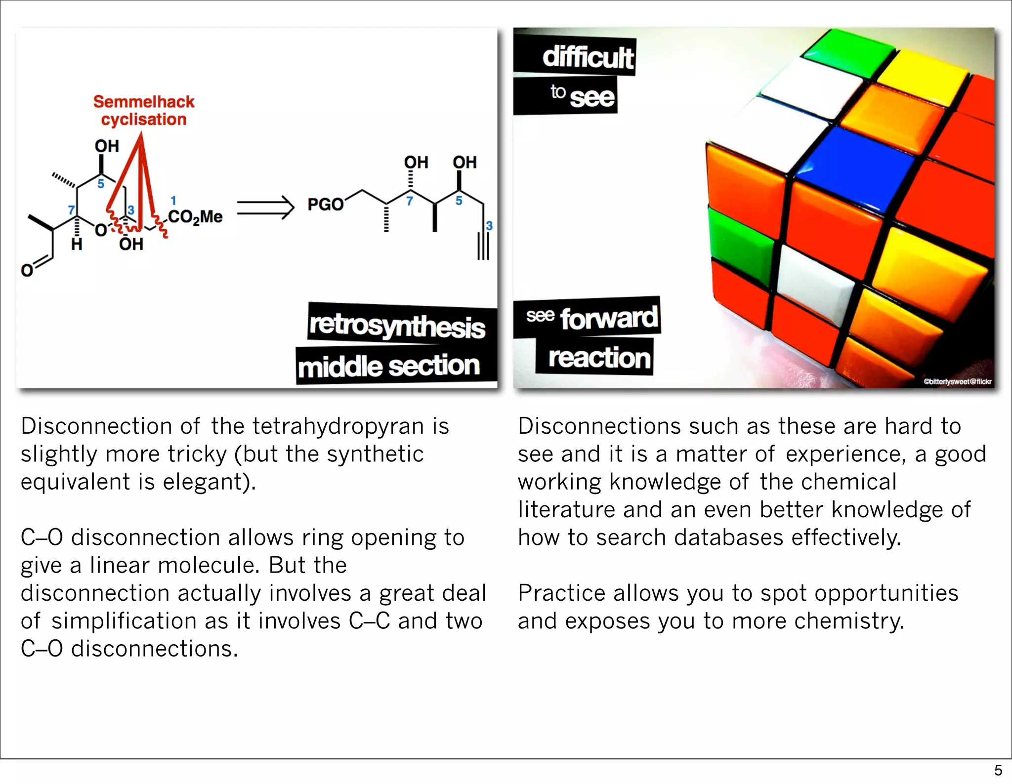 Disconnection of the tetrahydropyran is
slightly more tricky (but the synthetic
equivalent is elegant).
C–O disconnection allows ring opening to
give a linear molecule. But the
disconnection actually involves a great deal
of simplification as it involves C–C and two
C–O disconnections.
Disconnections such as these are hard to
see and it is a matter of experience, a good
working knowledge of the chemical
literature and an even better knowledge of
how to search databases effectively.
Practice allows you to spot opportunities
and exposes you to more chemistry.
5
 
