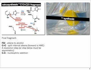 Final fragment:
FGI - alkene to alcohol
C=C - split internal alkene (forward is HWE)
A resolution step (or step below must be
asymmetric)
C–C - nucleophilic addition
6
 