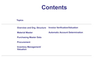 Contents
Invoice Verification/Valuation
Automatic Account Determination
Overview and Org. Structure
Material Master
Purchasing Master Data
Procurement
Inventory Management/
Valuation
Topics
 