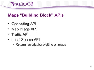 Maps “Building Block” APIs Geocoding API Map Image API Traffic API Local Search API Returns long/lat for plotting on maps 