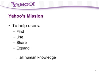 Yahoo’s Mission To help users: Find Use Share Expand ...all human knowledge 