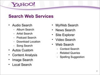 Search Web Services Audio Search Album Search Artist Search Podcast Search Download Location Song Search Autos Custom Content Analysis Image Search Local Search MyWeb Search News Search Site Explorer Video Search Web Search Context Search Related Queries Spelling Suggestion 