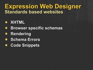 Expression Web Designer Standards based websites XHTML Browser specific schemas Rendering Schema Errors Code Snippets  