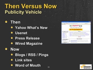 Then Versus Now Publicity Vehicle Then Yahoo What’s New Usenet Press Release Wired Magazine Now Blogs / RSS / Pings  Link sites Word of Mouth 