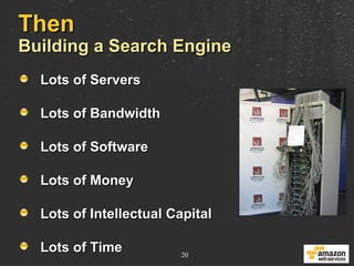 Then Building a Search Engine Lots of Servers Lots of Bandwidth Lots of Software Lots of Money Lots of Intellectual Capital Lots of Time 