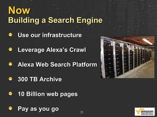 Now Building a Search Engine Use our infrastructure Leverage Alexa’s Crawl Alexa Web Search Platform 300 TB Archive 10 Billion web pages Pay as you go 