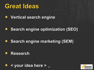 Great Ideas Vertical search engine Search engine optimization (SEO) Search engine marketing (SEM) Research < your idea here > 
