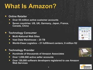 What Is Amazon? Online Retailer Over 55 million active customer accounts Seven countries: US, UK, Germany, Japan, France,  Canada, China Technology Consumer Multi-National Web Sites Vast Data Warehouse – 25 TB World-Class Logistics – 21 fulfillment centers; 9 million ft2 Technology Provider Hundreds of thousands of Amazon Associates Over 1,050,000 active seller accounts Over 150,000 software developers registered to use Amazon Web Services 