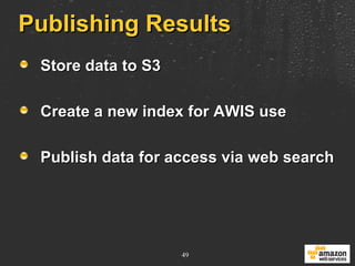 Publishing Results Store data to S3 Create a new index for AWIS use Publish data for access via web search 