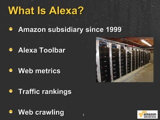 What Is Alexa? Amazon subsidiary since 1999 Alexa Toolbar Web metrics Traffic rankings Web crawling 