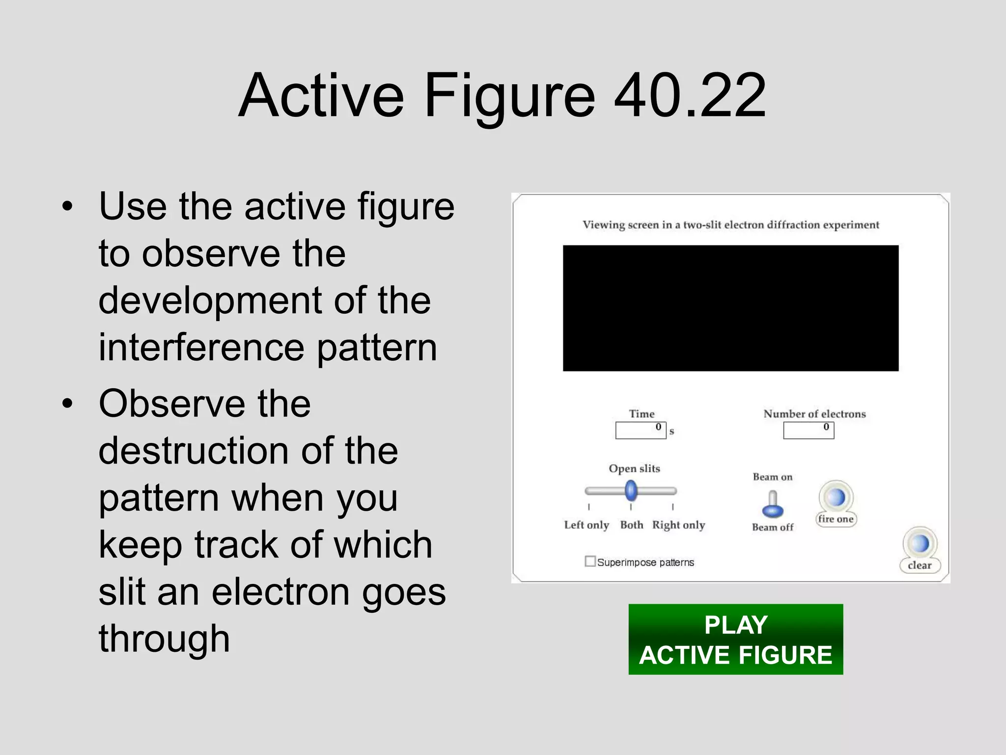 Active Figure 40.22
• Use the active figure
to observe the
development of the
interference pattern
• Observe the
destruction of the
pattern when you
keep track of which
slit an electron goes
through PLAY
ACTIVE FIGURE
 