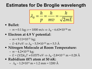 Estimates for De Broglie wavelength
• Bullet:
– m = 0.1 kg; v = 1000 m/s  λB ~ 6.63×10-36 m
• Electron at 4.9 V potential:
– m = 9.11×10-31 kg;
– E~4.9 eV  λB ~ 5.5×10-10 m = 5.5 Å
• Nitrogen Molecule at Room Temperature:
– m ~ 4.2×10-26 kg;
– E = (3/2)kBT  0.0375 eV  λB ~2.8×10-11 m = 0.28 Å
• Rubidium (87) atom at 50 nK:
– λB ~ 1.2×10-6 m = 1.2 mm = 1200 Å
mE
h
mv
h
p
h
B
2




 