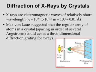 Diffraction of X-Rays by Crystals
• X-rays are electromagnetic waves of relatively short
wavelength (λ = 10-8 to 10-12 m = 100 – 0.01 Å)
• Max von Laue suggested that the regular array of
atoms in a crystal (spacing in order of several
Angstroms) could act as a three-dimensional
diffraction grating for x-rays
 