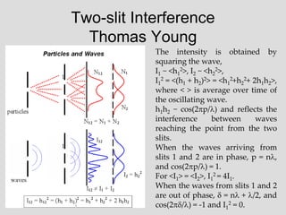 Two-slit Interference
Thomas Young
The intensity is obtained by
squaring the wave,
I1 ~ <h1
2>, I2 ~ <h2
2>,
I1
2 = <(h1 + h2)2> = <h1
2+h2
2+ 2h1h2>,
where < > is average over time of
the oscillating wave.
h1h2 ~ cos(2p/) and reflects the
interference between waves
reaching the point from the two
slits.
When the waves arriving from
slits 1 and 2 are in phase, p = n,
and cos(2p/) = 1.
For <I1> = <I2>, I1
2 = 4I1.
When the waves from slits 1 and 2
are out of phase,  = n + /2, and
cos(2/) = -1 and I1
2 = 0.
 