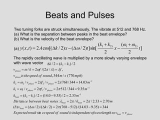 Beats and Pulses
Two tuning forks are struck simultaneously. The vibrate at 512 and 768 Hz.
(a) What is the separation between peaks in the beat envelope?
(b) What is the velocity of the beat envelope?
(a)
The rapidly oscillating wave is multiplied by a more slowly varying envelope
with wave vector
]
2
(
2
(
sin[
]
)
2
/
(
)
2
/
cos[(
2
)
,
(
)
2
1
)
2
1
t
x
k
k
t
x
k
A
t
x
y










phase
beat
beat
beat
beat
beat
phase
phase
phase
phase
phase
phase
v
v
so
th
ofwaveleng
t
independen
is
sound
of
speed
ce
result
Expected
k
v
b
m
k
notes
beat
between
ce
Dis
m
k
k
k
m
v
f
v
k
m
v
f
v
k
mph
s
m
sound
of
speed
the
is
v
f
f
k
v
k
k
k

































sin
344
)
35
.
9
03
.
14
/(
)
512
768
(
2
)
2
/
/(
)
2
/
(
)
(
70
.
2
33
.
2
/
2
/
2
:
tan
33
.
2
2
/
)
35
.
9
0
.
14
(
2
/
)
(
35
.
9
344
/
512
2
/
2
/
03
.
14
344
/
768
2
/
2
/
)
770
(
/
344
,
,
)
/
2
/(
2
/
2
/
)
(
2
/
1
1
2
1
1
1
1
1
2
2
2
1
2
















 