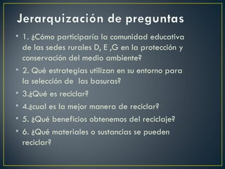 1. ¿Cómo participaría la comunidad educativa de las sedes rurales D, E ,G en la protección y conservación del medio ambiente?  2. Qué estrategias utilizan en su entorno para la selección de  las basuras?  3.¿Qué es reciclar?  4.¿cual es la mejor manera de reciclar? 5. ¿Qué beneficios obtenemos del reciclaje? 6. ¿Qué materiales o sustancias se pueden reciclar? 