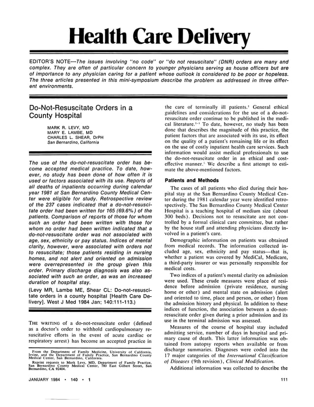 Do Not Resuscitate Orders in a County Hospital Lambe Wstern Journal