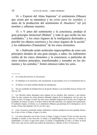 14. « Expresó del Alma Suprema13
el sentimiento (Manas)
que existe por su naturaleza y no existe para los sentidos; y
antes de la producción del sentimiento el Ahankara14
(el yo)
monitor y soberano maestro;
15. « Y antes del sentimiento y la conciencia, produjo el
gran principio intelectual (Mahat)15
y todo lo que recibe las tres
cualidades,16
y los cinco órganos de la inteligencia destinados a
percibir los objetos exteriores y los cinco órganos de la acción17
y los rudimentos (Tanmatras)18
de los cinco elementos.
16. « Habiendo unido moléculas imperceptibles de estos seis
principios dotados de una gran energía, a saber, los rudimentos
sutiles de los cinco elementos y la conciencia, o partículas de
estos mismos principios, transformados y tornados en los ele-
mentos y los sentidos;19
formó entonces todos los seres.
18 LEYES DE MANÚ – LIBRO PRIMERO
13 Es el alma del universo, la Paramatma.
14 El Ahankara es la conciencia, más exactamente, lo que produce el yo o el sentimiento del yo.
15 Al Mahat se le llama también Buddhi (la inteligencia).
16 Son las cualidades de bondad (Sattwa) de pasión (Radjas) y de oscuridad (Tamas) (Véase Lib.
XII, est. 24).
17 Los filósofos indios distinguen once órganos de los sentidos; diez externos y uno interno.
Entre los diez externos los cinco primeros llamados órganos de la inteligencia, son los ojos, las
orejas, la nariz, la lengua y la piel; los otros cinco, llamados órganos de la acción, son el órgano de
la palabra, las manos, los pies, el orificio inferior del tubo intestinal y los órganos de la generación.
El undécimo órgano, el interno, es el sentimiento (Manas) que participa de la inteligencia y de la
acción. (Véase más adelante, Lib. II, est. 89 y sig.).
18 Cinco Tanmatras, partículas sutiles, rudimentos o átomos, producen los cinco grandes elemen-
tos; el éter, el aire, el fuego, el agua y la tierra.
19 Los cinco elementos son el éter, al aire, el fuego, el agua y la tierra. El éter no tiene sino una
cualidad, el sonido; el aire tiene dos, el sonido y la tangibilidad; el fuego tiene tres, el sonido, la
tangibilidad y el color; el agua tiene cuatro, el sonido, la tangibilidad, el color y el sabor; la tierra
tiene cinco, que son las cuatro que acaban de anunciarse y, además, el olor. (Comentario)
 