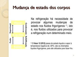 Mudança de estado dos corpos
Mudança de estado dos corpos
16
Vapor
Liquido
Sólido
Fusão
Vaporizaçã
o
Condensação
Solidificação
Na refrigeração há necessidade de
provocar algumas mudanças de
estado nos fluidos frigorígenos (*)
, isto
é, nos fluidos utilizados para provocar
a refrigeração num determinado meio.
(*)
O fréon 12 (R12) passa do estado liquido a vapor à
temperatura negativa de -30ºC, são os chamados
líquidos frigorígenos, pois são utilizados para fazer frio.
 