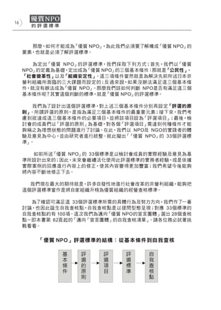 16




       那麼，如何才能成為「優質 NPO」，為此我們必須要了解構成「優質 NPO」的
     要素，也就是必須了解評選標準。

        為定出「優質 NPO」的評選標準，我們採取下列方式；首先，我們以「優質
     NPO」的定義為基礎，定出成為 「優質 NPO」的三個基本條件：那就是「公民性」、
     「社會變革性」以及「組織安定性」   。這三項條件當然就是為解決先前所述日本非
     營利組織所面臨的三大課題而設定的；反過來說，如果沒辦法滿足這三個基本條
     件，就沒有辦法成為 「優質 NPO」。那麼我們該如何判斷 NPO是否有滿足這三個
     基本條件呢？其實這個判斷的標準，就是「優質 NPO」的評選標準。

        我們為了設計出這個評選標準，對上述三個基本條件分別再設定「評選的原
     則」。所謂評選的原則，是指為滿足三個基本條件的最重要元素；接下來，我們考
     慮到欲達成這三個基本條件的必要項目，並將該項目設為「評選項目」    ；最後，檢
     討會的成員們以 「評選的原則」為基礎，對各個「評選項目」需達到何種條件才能
     夠稱之為理想狀態的問題進行了討論。在此，我們以 NPO及 NGO的實踐者的體
     驗及意見為中心，並由研究者進行統整。就此擬出「 『優質 NPO』的 33個評選標
     準」。

       如前所述「優質 NPO」的 33個標準是以檢討會成員的實際經驗及意見為基
     準所設計出來的；因此，未來會繼續活化使用此評選標準的實務者經驗，或是依據
     實際案例的回應進行內容上的修正，使其內容變得更加豐富；我們希望今後能夠
     將內容不斷地修正下去。

       我們現在最大的期待就是，許多自發性地進行社會改革的非營利組織，能夠把
     這個評選標準當作是將自家組織升格為優質組織的經營查核標準。

       為了確認可滿足這 33個評選標準所需的具體行為及努力方向，我們作了一番
     討論，也因此誕生自我查核點，自我查核點是以提問型態呈現；對應 33個標準的
     自我查核點約有 100項。這次我們為邁向「優質 NPO的宣言團體」選出 28個查核
     點－即本書第 62頁起的「邁向『宣言團體』的自我查核清單」 。請各位務必試著挑
     戰看看。


        「優質 NPO」評選標準的結構：從基本條件到自我查核
 