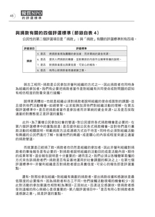 48




     與捐款有關的四個評選標準（節錄自表 4）
       公民性的第二個評選項目是「捐款」；與「捐款」有關的評選標準則有四項。




       與志工相同，捐款是公民參加非營利組織的方式之一。因此捐款者也同時身
     為組織的參加者，我們有必要把捐款者當作是對組織有共同使命或對問題的認知
     有相仿程度的對象來進行接觸。

       說得更具體些，也就是組織必須對捐款者說明組織的使命或面對的課題，並
     且提供他們活動機會，如視察等，以求能夠加深他們對組織活動的理解。在第五
     個評選標準中，是否把捐款者當作是參加者而非單純的資金來源，以及是否採取
     適當的對應態度正是評選的重點。

       此外，為了廣增公民參加社會的管道，對公民提供各式捐款機會是必要的。在
     第六個評選標準中的重點就是：是否提供給公民各式捐款機會，並對他們進行募
     款活動的相關說明。明載捐款方法或連絡方式自不待言，同時也必須對組織活動
     有興趣的公民們進行了解，依據他們的興趣，或是關心的內容或程度來建立適當
     的捐款管道。

        而就算是已經捐了款，捐款者也仍然是組織的參加者。因此非營利組織對捐
     款者的事後報告是有必要的。對捐款者說明組織的活動目的或是活動內容，期待
     的成果等等，這些報告說明是十分重要的。總而言之，我們必須以各種簡單易懂的
     方式來告訴捐款者們，捐款是否有妥善地運用於社會課題的解決之上。在第七個
     評選標準中，非營利組織是否對捐款者提出具責信度、可安心的報告即是評選重
     點。

       還有，對那些參加組織，對組織有貢獻的捐款者，提出捐款收據和感謝狀是最
     低限度的必要條件。因為捐款者和志工不同，他們接觸活動現場的機會較少，因
     此對活動的參加意識也相對較為薄弱，正因如此，迅速送交感謝狀，使捐款者感
     受到溫暖的用心與細心是很重要的。第八個評選項目中，「是否有用心對捐款者表
     達感謝之意。」就是評選的重點。
 