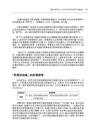 55




  非營利組織為了解決課題，所需具備多種能力，但在優質 NPO的評選標準中
特別重要的是「專門性」 「領導能力、以及「
           、         人脈網路」這三種。

  在解決課題時，能夠評估出解決課題時必要的知識和技術是很重要的。我們
必須在組織內外中確保握有這些知識和技術的人才，我們把這些技術和知識稱之
為「專門性」。第七個評選標準所要求的重點就是組織是否擁有這樣的專門性。

  接下來， 很重要的是，組織的領導者也必須募集到解決課題所需的資源 (人才、
資金 )，並使其充分發揮效能；因此，領導者自己必須明確了解目的與計劃，並且從
組織內外部募集解決課題時的必要人才，  並擁有可有效運用人才的指揮調度能力；
還有，另一個重要的資源，也就是資金，領導者必須率先提出調度的方法才行。第
八個評選標準的重點就在於組織的領導者是否能夠發揮出領導能力。

    除此之外，與組織外部建立的關係也和解決課題的實行成效有很大的關聯
性。在嘗試解決課題時，我們必須建立各種協力網絡，截至目前為止，許多非營利
組織都相當重視所謂的協力網絡，如果能夠在這之上搭配良性互動、追求良好成
果的良性競爭關係的話就更好了 ，這也就是所謂的「好對手」是很重要的，因為對
手間可以互相刺激，互相切磋琢磨使彼此都能夠更加成長；這也能使非營利組織
全體的素質向上提升。第九個評選標準就是組織是否在外部持有這種良性的網絡
關係。


「評選和回饋」的評選標準
    到目前為止，我們已經從認識課題到解決課題完成為止的評選標準作了一次
說明了  。但若要找到更有效率的解決問題的方法，活動的 PD CA循環也是有必
要的。第十 個評選標準就是 組 織是否有在進行 PD CA循環中的 C (= Che c k)和
A(=Action)。




  具體而言，這個評選標準是在確認組織是否有進行下列活動：首先，是否記錄
每天的業務、組織內共同方案內容或是個案對象的進度發展情形；一旦藉由記錄
觀察發現到新課題或是衍生變化時，組織內部就必須進行討論，有必要的話也要
將原設定的因應方法進行調整，此外，在案子結束後，也必須以這份紀錄為基礎，
來針對活動成效及目標達成的狀況進行確認及評選。其次，藉由活動評選所獲得
的教訓或是結論，必須回饋到下一次的活動計劃或是營運方法中，這樣，就可將結
果反映在組織各面向的改善上。
 