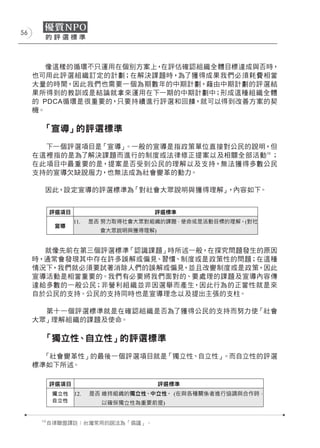 56




        像這樣的循環不只運用在個別方案上，在評估確認組織全體目標達成與否時，
     也可用此評選組織訂定的計劃；在解決課題時，為了獲得成果我們必須耗費相當
     大量的時間，因此我們也需要一個為期數年的中期計劃，藉由中期計劃的評選結
     果所得到的教訓或是結論就拿來運用在下一期的中期計劃中；形成這種組織全體
     的 PDCA循環是很重要的，只要持續進行評選和回饋，就可以得到改善方案的契
     機。

      「宣導」的評選標準
       下一個評選項目是「宣導」。一般的宣導是指政策單位直接對公民的說明，但
     在這裡指的是為了解決課題而進行的制度或法律修正提案以及相關全部活動10 ；
     在此項目中最重要的是，提案是否受到公民的理解以及支持，無法獲得多數公民
     支持的宣導欠缺說服力，也無法成為社會變革的動力。

       因此，設定宣導的評選標準為「對社會大眾說明與獲得理解」，內容如下。




       就像先前在第三個評選標準「認識課題」時所述一般，在探究問題發生的原因
     時，通常會發現其中存在許多誤解或偏見、習慣、制度或是政策性的問題；在這種
     情況下，我們就必須要試著消除人們的誤解或偏見，並且改變制度或是政策，因此
     宣導活動是相當重要的。我們有必要將我們面對的、要處理的課題及宣導內容傳
     達給多數的一般公民；非營利組織並非因選舉而產生，因此行為的正當性就是來
     自於公民的支持。公民的支持同時也是宣導理念以及提出主張的支柱。

       第十一個評選標準就是在確認組織是否為了獲得公民的支持而努力使「社會
     大眾」理解組織的課題及使命。

      「獨立性、自立性」的評選標準
       「社會變革性」的最後一個評選項目就是「獨立性、自立性」。而自立性的評選
     標準如下所述。



            獨立性
            自立性


      10
           自律聯盟譯註：台灣常用的說法為「倡議」。
 
