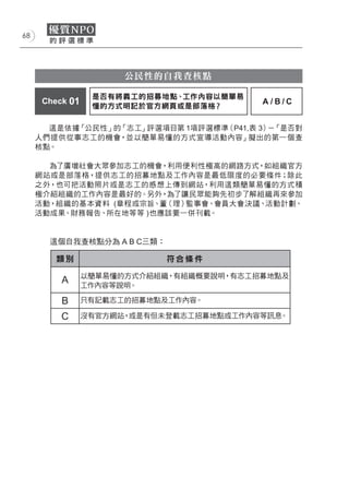 68




                       公民性的自我查核點

                  是否有將義工的招募地點、工作內容以簡單易
      Check 01                            A/B/C
                  懂的方式明記於官方網頁或是部落格？

       這是依據「公民性」的「志工」評選項目第 1項評選標準（P41,表 3） 「是否對
                                          －
     人們提供從事志工的機會，並以簡單易懂的方式宣導活動內容」擬出的第一個查
     核點。

       為了廣增社會大眾參加志工的機會，利用便利性極高的網路方式，如組織官方
     網站或是部落格，提供志工的招募地點及工作內容是最低限度的必要條件；除此
     之外，也可把活動照片或是志工的感想上傳到網站，利用這類簡單易懂的方式積
     極介紹組織的工作內容是最好的。另外，為了讓民眾能夠先初步了解組織再來參加
     活動，組織的基本資料 (章程或宗旨、董（理）監事會、會員大會決議、活動計劃、
     活動成果、財務報告、所在地等等 )也應該要一併刊載。


       這個自我查核點分為 A B C三類：

         類別                  符合條件

                 以簡單易懂的方式介紹組織，有組織概要說明，有志工招募地點及
          A      工作內容等說明。

          B      只有記載志工的招募地點及工作內容。

          C      沒有官方網站，或是有但未登載志工招募地點或工作內容等訊息。
 