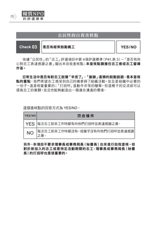 70




                       公民性的自我查核點

      Check 03    是否有經常鼓勵義工               YES / NO


       依據「公民性」的「志工」評選項目中第 4項評選標準（P41,表 3） 「是否有用
                                         －
     心對志工表達感謝之意」擬出本自我查核點；本查核點請擔任志工者或志工督導
     作答。

       日常生活中是否有對志工說聲「辛苦了」 「謝謝」這類的鼓勵話語，是本查核
                         、
     點的重點。我們希望志工感受到自己的確參與了組織活動，並且是組織中必要的
     一份子，這是相當重要的；「打招呼」這動作非常的簡單，但這樣子的交流卻可以
     提高志工的意願，並且也能夠創造出一個適合溝通的環境。




       這個查核點的回答方式為 YES/NO。

        YES/NO                符合條件

        YES      每次志工前來工作時都有向他們打招呼並表達感謝之意。

                 每次志工前來工作時都沒有、或幾乎沒有向他們打招呼並表達感謝
         NO      之意。

       另外，本項目不要求理事長或事務局長（秘書長）也來進行自我查核。但
       對於新加入的志工或是特定活動期間的志工，理事長或事務局長（秘書
       長）的打招呼也是很重要的。
 