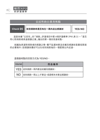 72




                       公民性的自我查核點

      Check 05    收到捐款時是否有在一周內送出感謝狀        YES / NO


       這是依據「公民性」的「捐款」評選項目中第 4項評選標準（P41,表 3） 「是否
                                           －
     用心對捐款者表達感謝之意」擬出的第一個自我查核點。

       組織為表達對捐款者的感謝之情，毫不延遲地寄送收據及感謝狀是最低限度
     的必要條件；該感謝狀最好可以在收到捐款後的一個星期以內送達。




       這個查核點的回答方式為 YES/NO。

        YES/NO               符合條件

        YES      收到捐款一周內寄送收據及感謝狀。

         NO      收到捐款一周以上才寄送，或是根本未寄送感謝狀。
 