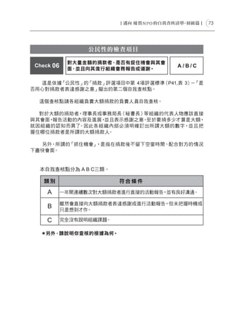 73




                  公民性的檢查項目

             對大量金額的捐款者，是否有捉住機會與其會
 Check 06                            A/B/C
             面，並且向其進行組織會務報告或道謝。

  這是依據「公民性」的「捐款」評選項目中第 4項評選標準（P41,表 3） 「是
                                      －
否用心對捐款者表達感謝之意」擬出的第二個自我查核點。

  這個查核點請各組織負責大額捐款的負責人員自我查核。

  對於大額的捐助者，理事長或事務局長（秘書長）等組織的代表人物應該直接
與其會面，報告活動的內容及進展，並且表示感謝之意。至於要捐多少才算是大額，
就因組織的認知而異了。因此各組織內部必須明確訂出所謂大額的數字，並且把
握住哪位捐款者是所謂的大額捐款人 。

  另外、所謂的「抓住機會」，是指在捐款後不留下空窗時間、配合對方的情況
下盡快會面。


  本自我查核點分為 A B C三類。

    類別                    符合條件

     A      一年間連續數次對大額捐款者進行直接的活動報告，並有良好溝通。

            雖然會直接向大額捐款者表達感謝或進行活動報告，但未把握時機或
     B      只是想到才作。

     C      完全沒有說明組織課題。

   ＊另外，請說明你查核的根據為何。
 