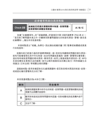 77




                社會變革性的自我查核點

             組織能否把握於課題背景中制度、政策問題，
 Check 09                            A/B/C
             或是習慣的具體呈現樣貌

  依據「社會變革性」的「認識課題」評選項目中第 3項評選標準（P42,表 4）－
「是否除了解問題本身之外，亦觀察到影響問題發生的制度性原因、習慣，甚至是
社會體制。」擬出本自我查核點。

  本查核點是以「組織」為單位，因此請由組織的董（理）監事或秘書處成員進
行自我查核。

  就像先前已經進行過的評選標準解說一般，若詳加考慮眼前問題的發生原因，
就有可能會發現在其中存在制度、政治性問題或是偏見、誤解、習慣等社會現象；
這些有時候就是問題的根本原因。舉例而言，如同上個查核點所提到的，若 NPO
本身從事街友食物分送的服務，就可以朝向發展街友的獨立能力，同時倡議生活
保護法（日本法規）等相關法規的調整。

  這個查核點，是用來確認各位在處理課題時，是否對其根本原因的制度、政策、
或者是社會的習慣有充分的了解。


  本自我查核點分為 A B C三類。

    類別                 符合條件

            能夠對課題背景中所存在的制度、政策問題，或是習慣相關名詞或
     A      現象作出具體內容說明。

            雖然對制度或政策等問題有所認識，但對相關名詞或具體內容不
     B      甚明白。

     C      完全不了解。
 