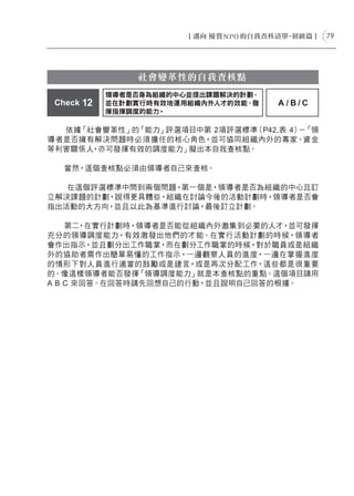 79




                社會變革性的自我查核點
            領導者是否身為組織的中心並提出課題解決的計劃，
 Check 12   並在計劃實行時有效地運用組織內外人才的效能，發   A/B/C
            揮指揮調度的能力。

  依據「社會變革性」的「能力」評選項目中第 2項評選標準（P42,表 4） 「領
                                      －
導者是否擁有解決問題時必須擔任的核心角色，並可協同組織內外的專家、資金
等利害關係人，亦可發揮有效的調度能力」擬出本自我查核點。

   當然，這個查核點必須由領導者自己來查核。

   在這個評選標準中問到兩個問題，第一個是，領導者是否為組織的中心且訂
立解決課題的計劃，說得更具體些，組織在討論今後的活動計劃時，領導者是否會
指出活動的大方向，並且以此為基準進行討論，最後訂立計劃。

    第二 ，在實行計劃時，領導者是否能從組織內外邀集到必要的人才，並可發揮
充分的領導調度能力，有效激發出他們的才能。在實行活動計劃的時候，領導者
會作出指示，並且劃分出工作職掌，而在劃分工作職掌的時候，對於職員或是組織
外的協助者需作出簡單易懂的工作指示，一邊觀察人員的進度，一邊在掌握進度
的情形下對人員進行適當的鼓勵或是建言，或是再次分配工作，這些都是很重要
的。像這樣領導者能否發揮「領導調度能力」就是本查核點的重點。這個項目請用
A B C 來回答。在回答時請先回想自己的行動，並且說明自己回答的根據。
 