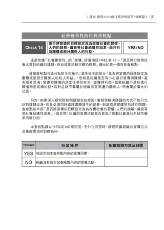 81




                社會變革性的自我查核點
            是否將宣導的目標設定為為改變社會的習慣、
 Check 14   人們的誤解、偏見等社會結構性因素，而非只   YES / NO
            為團體或部分關係人的利益。

  這是依據「社會變革性」的「宣導」評選項目（P42,表 4） 「是否努力取得社
                               －
會大眾對組織的課題、使命或是活動目標的理解」擬出的第一個自我查核點。

  這個查核點可區分為前半和後半；首先後半的部分「是否將宣導的目標設定為
團體或是部分關係人的私人利益」，也就是組織是否有小心區分宣導與陳情，避
免兩者混淆；宣導和陳情的決定性差別在於：誰獲得利益。如果組織不是在進行
陳情而是宣導的話，其利益就不專屬於組織或是周遭的關係人 ，而會屬於廣大的
公民。

  另外，如果深入探究眼前問題發生的原因，會發現解決課題的方式不能只光
針對課題本身，而是必須同時處理課題發生的背景、制度或是習慣等系統性問題。
查核點前半部「是否將宣導的目標設定為為改變社會的習慣、人們的誤解、偏見等
等社會結構性因素」，是在問：組織的宣導活動是否是為了推動社會進行系統性變
革而舉行的。

  本查核點請以 YES或 NO來回答。另外在回答時，請說明貴組織的宣導方式
及意欲實現的目標為何。


YES/NO          符合條件          組織宣導方式及目標

YES      有設定如本查核點內容的宣導目標。

 NO      組織沒有設定如查核點內容的宣導活動。
 