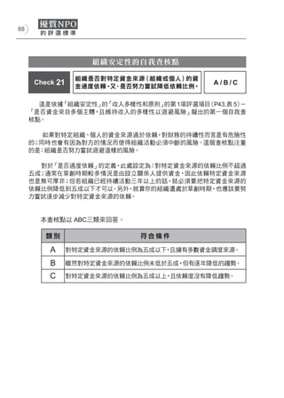 88




                     組織安定性的自我查核點

                  組織是否對特定資金來源（組織或個人）的資
      Check 21                            A/B/C
                  金過度依賴。 ，是否努力嘗試降低依賴比例。
                        又

       這是依據「組織安定性」的「收入多樣性和原則」的第 1項評選項目（P43,表 5）－
     「是否資金來自多個主體，且維持收入的多樣性以迴避風險」擬出的第一個自我查
     核點。

        如果對特定組織、個人的資金來源過於依賴，對財務的持續性而言是有危險性
     的；同時也會有因為對方的情況而使得組織活動必須中斷的風險。這個查核點注重
     的是：組織是否努力嘗試迴避這樣的風險。

       對於「是否過度依賴」的定義，此處設定為：對特定資金來源的依賴比例不超過
     五成；通常在草創時期較多情況是由設立關係人提供資金，因此依賴特定資金來源
     也是無可厚非；但若組織已經持續活動三年以上的話，就必須要把特定資金來源的
     依賴比例降低到五成以下才可以。另外，就算你的組織還處於草創時期，也應該要努
     力嘗試逐步減少對特定資金來源的依賴。


       本查核點以 ABC三類來回答。

         類別                  符合條件

          A      對特定資金來源的依賴比例為五成以下 且擁有多數資金調度來源。
                                  ，

          B      雖然對特定資金來源的依賴比例未低於五成，但有逐年降低的趨勢。

          C      對特定資金來源的依賴比例為五成以上 且依賴度沒有降低趨勢。
                                  ，
 