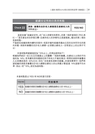 89




                  組織安定性的自我查核點

             捐 款、會費的 合 計收 入 總 額 是否達 總收 入 的
 Check 22                                    YES / NO
             15%以上。

    這是依據「組織安定性」的「收入多樣性和原則」的第 1項評選項目（P43,表
5） 「是否資金來自多個主體，
  －            且維持收入的多樣性以迴避風險」擬出的第二個自
我查核點。
不論是從組織財務持續性的面向，或是非營利組織係藉由公民的支持而存在的面
向來看，捐款和會費的合計收入總額，必須要占總收入一定程度以上的比例才可
以。

  本查核點將建議值設為  「15%以上」的理由說明如下：
根據我們統計，收入在五百萬圓以上的團體，   「捐款和會費」佔總收入比例的平均
值約為 14%；若考慮到其他國家的例子和收入平衡的情況，理想的捐款和會費收
入比率應該是約 30%左右；但在「自我查核清單ー 初 級篇」的查核標準中，我們希
望組織的捐款及會費合計收入總額佔總收入的比例最少要超過 14%這個平均水
準。因此，把「15%」設定為查核點。




  本查核點是以 YES 和 NO來進行回答。

   YES/NO                  符合條件

   YES      組織的捐款及會費合計收入總額達總收入的 15%以上。

    NO      組織的捐款及會費合計收入總額未達總收入的 15%以上。
 