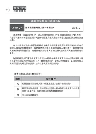 94




                     組織安定性的自我查核點

      Check 27    組織是否套用個人資料保護法。             A/B/C


       這是依據「組織安定性」的「收入多樣性和原則」的第 3項評選項目（P43,表 5）－
     「是否有透明的資金調度程序， 且無收受違反善良風俗的資金」擬出的第三個自我查
     核點。

       在上一個查核點中，我們對組織收入構成之相關事項是否公開進行查核；但在公
     開收入構成之相關事項時，我們當然也必須注意到保護個人資料才行。如果發生個
     人資料外洩等問題的話，組織就會失去社會大眾的信賴，且將流失大量的捐款者和
     會員。

       為使組織至少不違背個人資料保護法，組織在使用個人資料時，必須向當事人報
     告其使用目的以及使用方法；另外，關於使用目的、資料安全管理等，必須依照個人
     資料保護法的規定製作指南，並向社會大眾公開該指南。




        本查核點以 ABC三類來回答。

         類別                  符合條件

          A      相關措施均符合個人資料保護法規定，並製作公開指南。

                 雖然沒有製作指南，但如同前述說明一般，組織對個人資料的利用
          B      目的、廢棄方法、或管理辦法等有相關處理規定。

          C      完全沒有這類規定。
 
