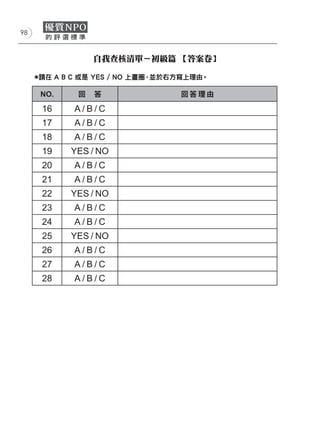 98



                 自我查核清單－初級篇 【答案卷】

     *請在 A B C 或是 YES / NO 上畫圈，並於右方寫上理由。

      NO.    回   答                回答理由

      16     A/B/C
      17     A/B/C
      18     A/B/C
      19    YES / NO
      20     A/B/C
      21     A/B/C
      22    YES / NO
      23     A/B/C
      24     A/B/C
      25    YES / NO
      26     A/B/C
      27     A/B/C
      28     A/B/C
 