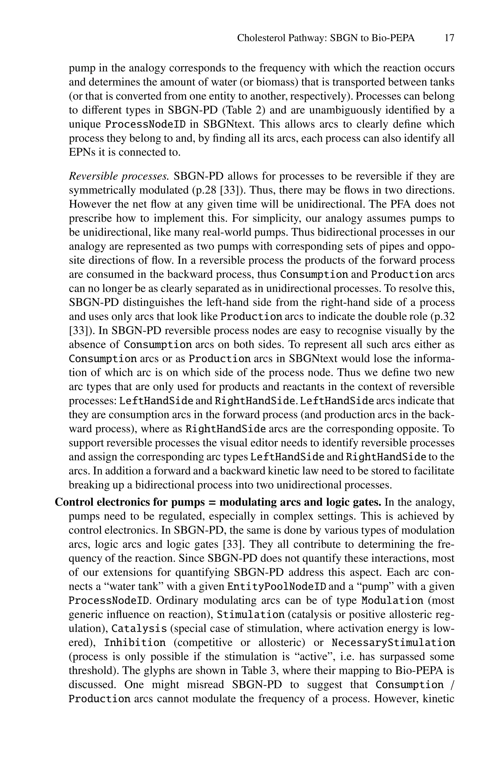 Cholesterol Pathway: SBGN to Bio-PEPA 17
pump in the analogy corresponds to the frequency with which the reaction occurs
and determines the amount of water (or biomass) that is transported between tanks
(or that is converted from one entity to another, respectively). Processes can belong
to diﬀerent types in SBGN-PD (Table 2) and are unambiguously identified by a
unique ProcessNodeID in SBGNtext. This allows arcs to clearly define which
process they belong to and, by finding all its arcs, each process can also identify all
EPNs it is connected to.
Reversible processes. SBGN-PD allows for processes to be reversible if they are
symmetrically modulated (p.28 [33]). Thus, there may be flows in two directions.
However the net flow at any given time will be unidirectional. The PFA does not
prescribe how to implement this. For simplicity, our analogy assumes pumps to
be unidirectional, like many real-world pumps. Thus bidirectional processes in our
analogy are represented as two pumps with corresponding sets of pipes and oppo-
site directions of flow. In a reversible process the products of the forward process
are consumed in the backward process, thus Consumption and Production arcs
can no longer be as clearly separated as in unidirectional processes. To resolve this,
SBGN-PD distinguishes the left-hand side from the right-hand side of a process
and uses only arcs that look like Production arcs to indicate the double role (p.32
[33]). In SBGN-PD reversible process nodes are easy to recognise visually by the
absence of Consumption arcs on both sides. To represent all such arcs either as
Consumption arcs or as Production arcs in SBGNtext would lose the informa-
tion of which arc is on which side of the process node. Thus we define two new
arc types that are only used for products and reactants in the context of reversible
processes: LeftHandSide and RightHandSide.LeftHandSide arcs indicate that
they are consumption arcs in the forward process (and production arcs in the back-
ward process), where as RightHandSide arcs are the corresponding opposite. To
support reversible processes the visual editor needs to identify reversible processes
and assign the corresponding arc types LeftHandSide and RightHandSide to the
arcs. In addition a forward and a backward kinetic law need to be stored to facilitate
breaking up a bidirectional process into two unidirectional processes.
Control electronics for pumps = modulating arcs and logic gates. In the analogy,
pumps need to be regulated, especially in complex settings. This is achieved by
control electronics. In SBGN-PD, the same is done by various types of modulation
arcs, logic arcs and logic gates [33]. They all contribute to determining the fre-
quency of the reaction. Since SBGN-PD does not quantify these interactions, most
of our extensions for quantifying SBGN-PD address this aspect. Each arc con-
nects a “water tank” with a given EntityPoolNodeID and a “pump” with a given
ProcessNodeID. Ordinary modulating arcs can be of type Modulation (most
generic influence on reaction), Stimulation (catalysis or positive allosteric reg-
ulation), Catalysis (special case of stimulation, where activation energy is low-
ered), Inhibition (competitive or allosteric) or NecessaryStimulation
(process is only possible if the stimulation is “active”, i.e. has surpassed some
threshold). The glyphs are shown in Table 3, where their mapping to Bio-PEPA is
discussed. One might misread SBGN-PD to suggest that Consumption /
Production arcs cannot modulate the frequency of a process. However, kinetic
 