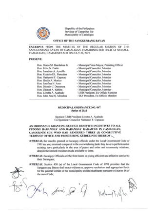 Ordinance Granting Service Benefits/Incentives to All Punong Barangay ...