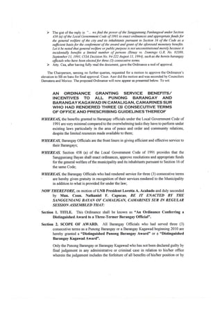 Return Service Program Ordinance Ordinance Granting Service Benefits/Incentives to All Punong Barangay ...