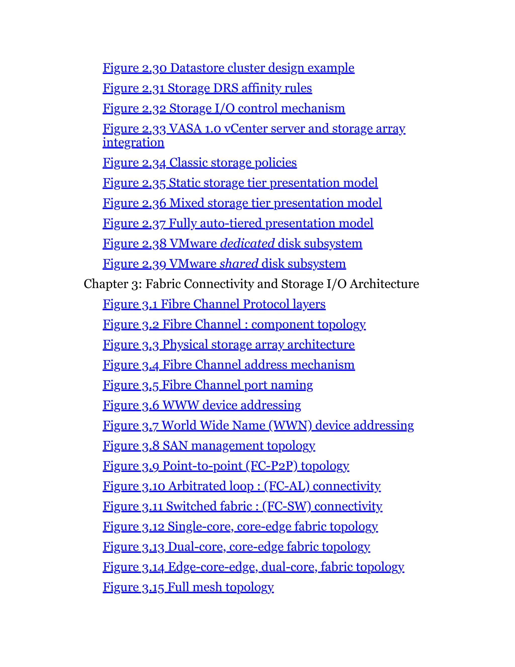 Figure 2.30 Datastore cluster design example
Figure 2.31 Storage DRS affinity rules
Figure 2.32 Storage I/O control mechanism
Figure 2.33 VASA 1.0 vCenter server and storage array
integration
Figure 2.34 Classic storage policies
Figure 2.35 Static storage tier presentation model
Figure 2.36 Mixed storage tier presentation model
Figure 2.37 Fully auto-tiered presentation model
Figure 2.38 VMware dedicated disk subsystem
Figure 2.39 VMware shared disk subsystem
Chapter 3: Fabric Connectivity and Storage I/O Architecture
Figure 3.1 Fibre Channel Protocol layers
Figure 3.2 Fibre Channel : component topology
Figure 3.3 Physical storage array architecture
Figure 3.4 Fibre Channel address mechanism
Figure 3.5 Fibre Channel port naming
Figure 3.6 WWW device addressing
Figure 3.7 World Wide Name (WWN) device addressing
Figure 3.8 SAN management topology
Figure 3.9 Point-to-point (FC-P2P) topology
Figure 3.10 Arbitrated loop : (FC-AL) connectivity
Figure 3.11 Switched fabric : (FC-SW) connectivity
Figure 3.12 Single-core, core-edge fabric topology
Figure 3.13 Dual-core, core-edge fabric topology
Figure 3.14 Edge-core-edge, dual-core, fabric topology
Figure 3.15 Full mesh topology
 