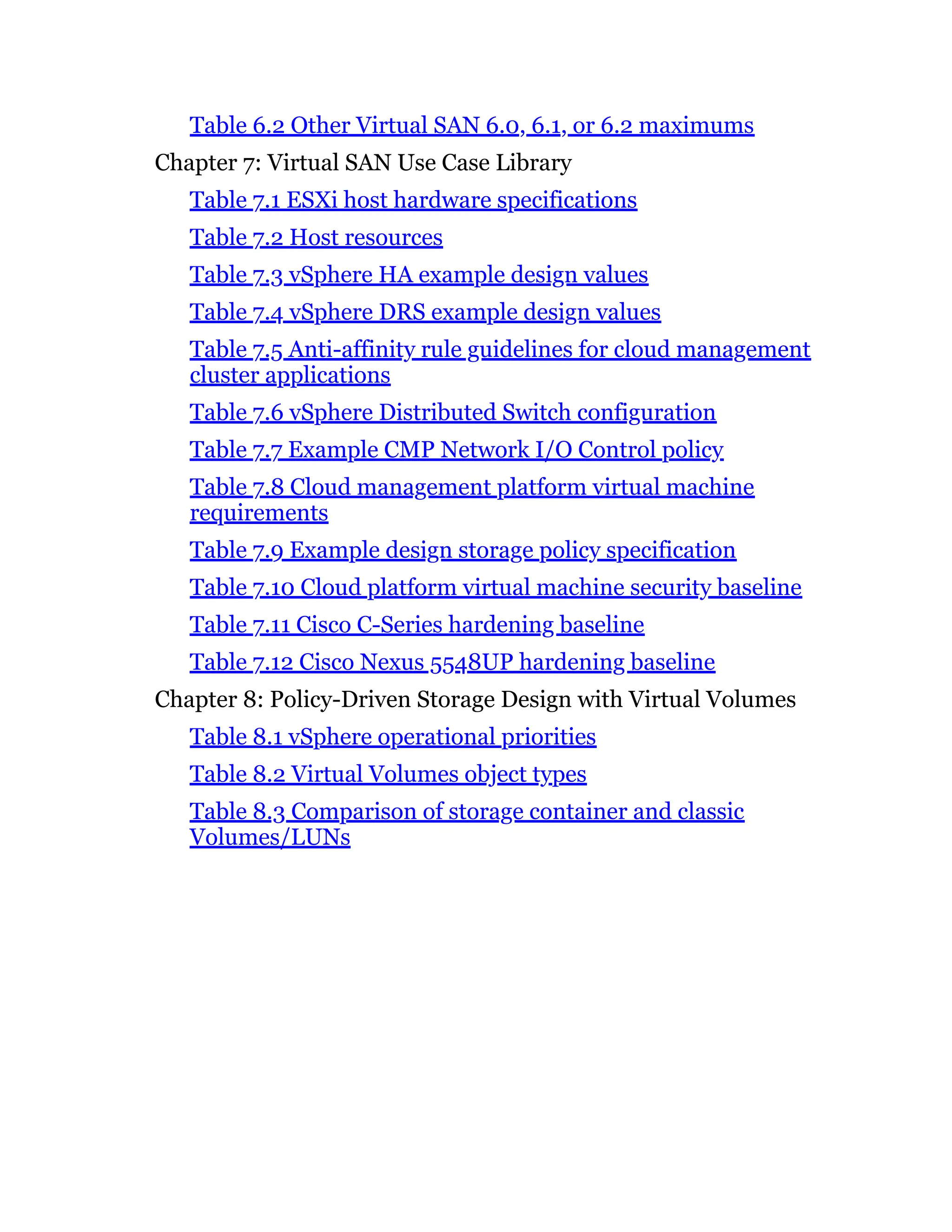 Table 6.2 Other Virtual SAN 6.0, 6.1, or 6.2 maximums
Chapter 7: Virtual SAN Use Case Library
Table 7.1 ESXi host hardware specifications
Table 7.2 Host resources
Table 7.3 vSphere HA example design values
Table 7.4 vSphere DRS example design values
Table 7.5 Anti-affinity rule guidelines for cloud management
cluster applications
Table 7.6 vSphere Distributed Switch configuration
Table 7.7 Example CMP Network I/O Control policy
Table 7.8 Cloud management platform virtual machine
requirements
Table 7.9 Example design storage policy specification
Table 7.10 Cloud platform virtual machine security baseline
Table 7.11 Cisco C-Series hardening baseline
Table 7.12 Cisco Nexus 5548UP hardening baseline
Chapter 8: Policy-Driven Storage Design with Virtual Volumes
Table 8.1 vSphere operational priorities
Table 8.2 Virtual Volumes object types
Table 8.3 Comparison of storage container and classic
Volumes/LUNs
 